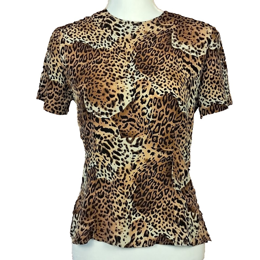 Vtg PETITE SOPHISTICATE 2 Lux‎ 100% Silk Fitted Animal Print Blouse Back Button